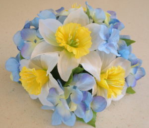 Yellow Daffodil and blue hydrangea floral cake topper