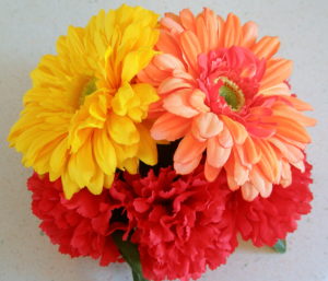 Yellow Orange Gerbera Daisy and Red Carnation floral cake topper